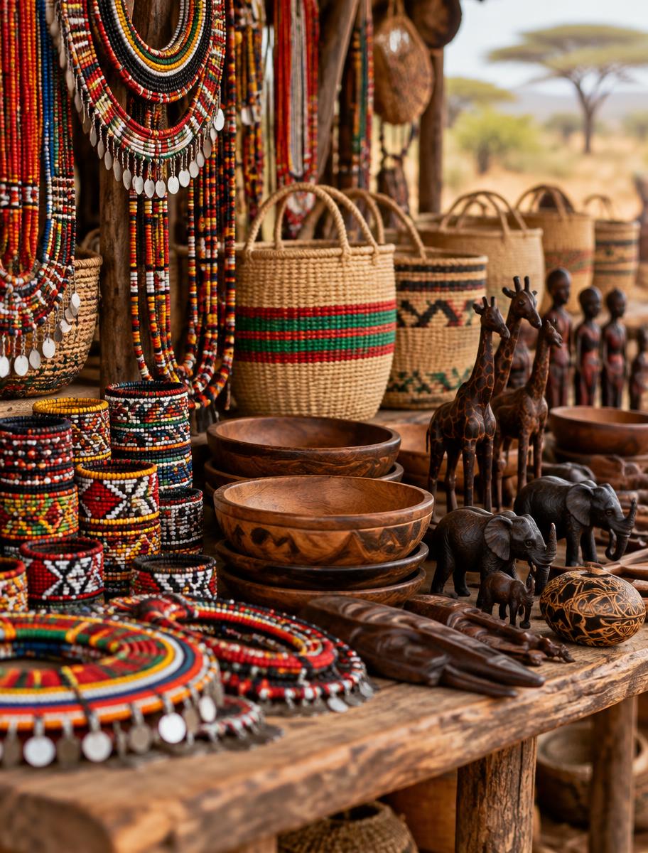 Beadwork, woven baskets, and carved wood from Kenyan artisans